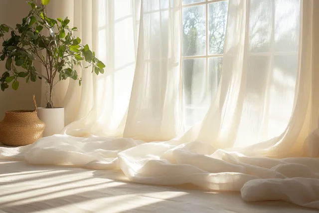 Sunlight fills a minimalist bedroom with white linen bedding and sheer curtains behind an empty space.