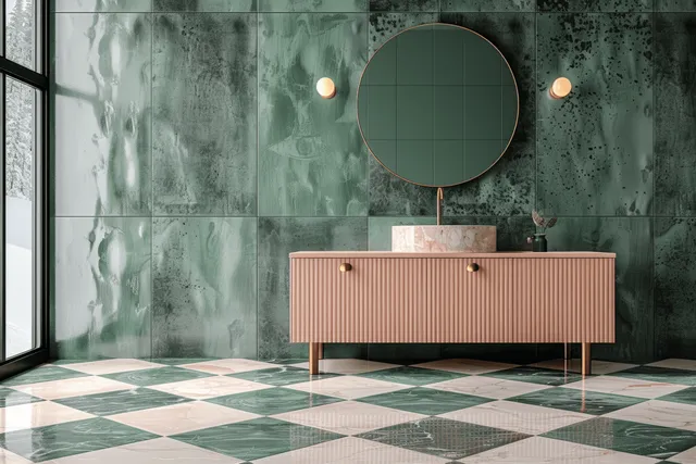 A modern bathroom with green marble walls, a round mirror, gold sconces, and a pink ribbed vanity with marble basin.