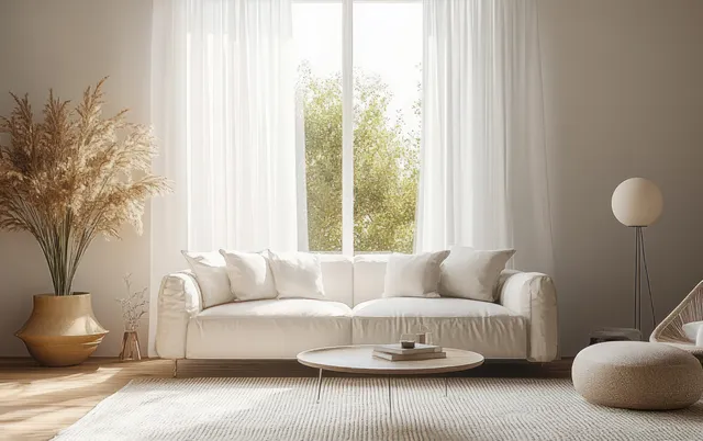A bright minimalist living room with a white sofa, round coffee table, floor lamp, and vase of dried grass by the window.