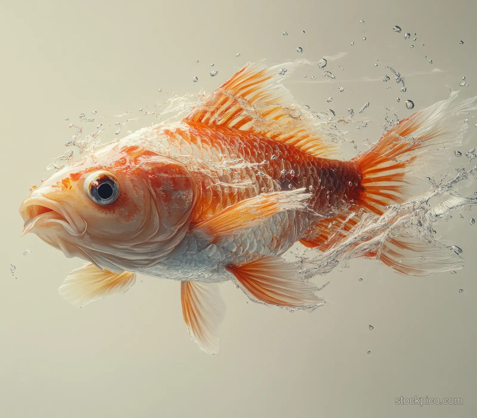 Fresh sea trout fish with water droplets splashing across a white background in a close-up.
