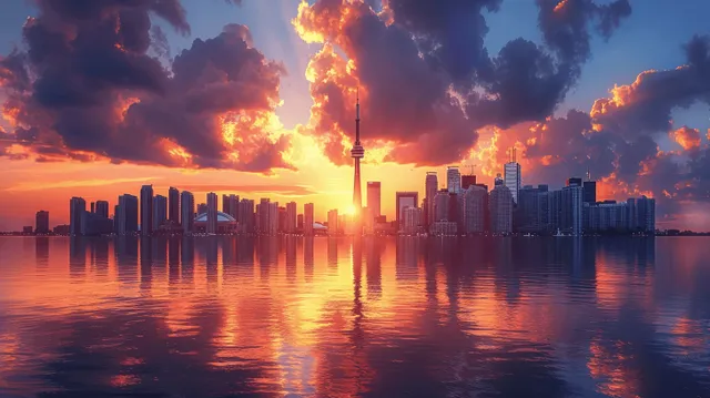 Toronto skyline at sunset with warm golden light reflecting on calm lake waters.