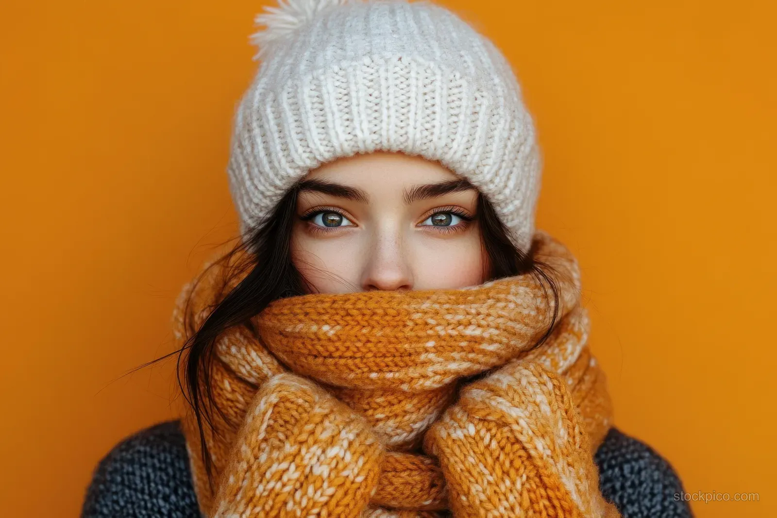 Young woman wearing a white knit hat and orange scarf covering her lower face against a solid orange background.