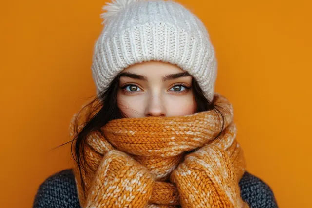 Young woman wearing a white knit hat and orange scarf against a bold orange backdrop