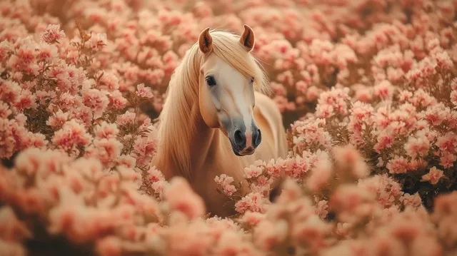 A light brown horse pauses calmly in a lush garden filled with soft pink blossoms.