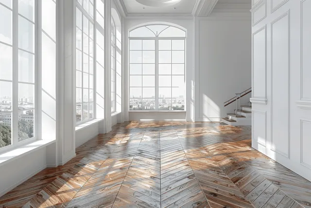 Empty room with white walls, parquet herringbone floor, and tall windows showing a city skyline in daylight.