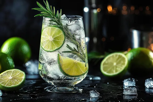 A glass of lime and rosemary sparkling water with ice cubes on a dark wet surface, with limes in the background.