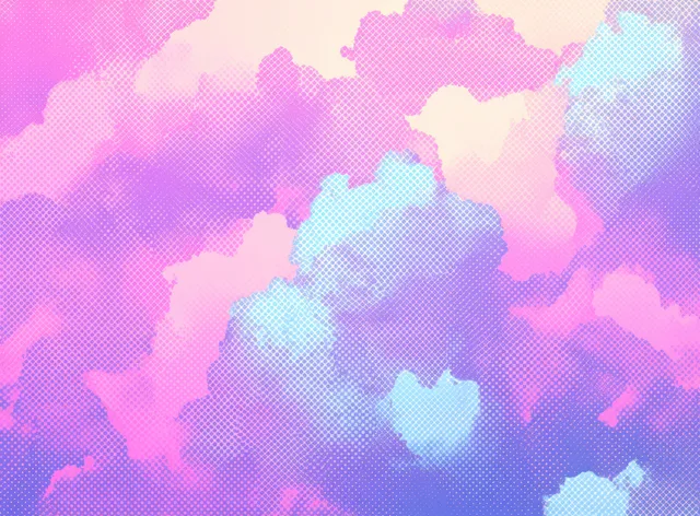Pop art cloud pattern with halftone texture in pink and blue, seamless wallpaper