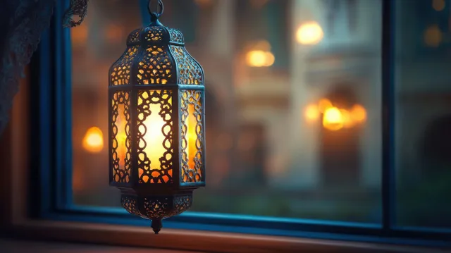 Ornate metal lantern glowing warmly, hanging by a window at twilight