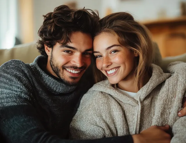 Two friends hug on a couch in a cozy indoor living room with warm light and soft expressions.