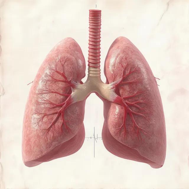 Illustrated human lungs with a central trachea and branching bronchi on a pale light background.