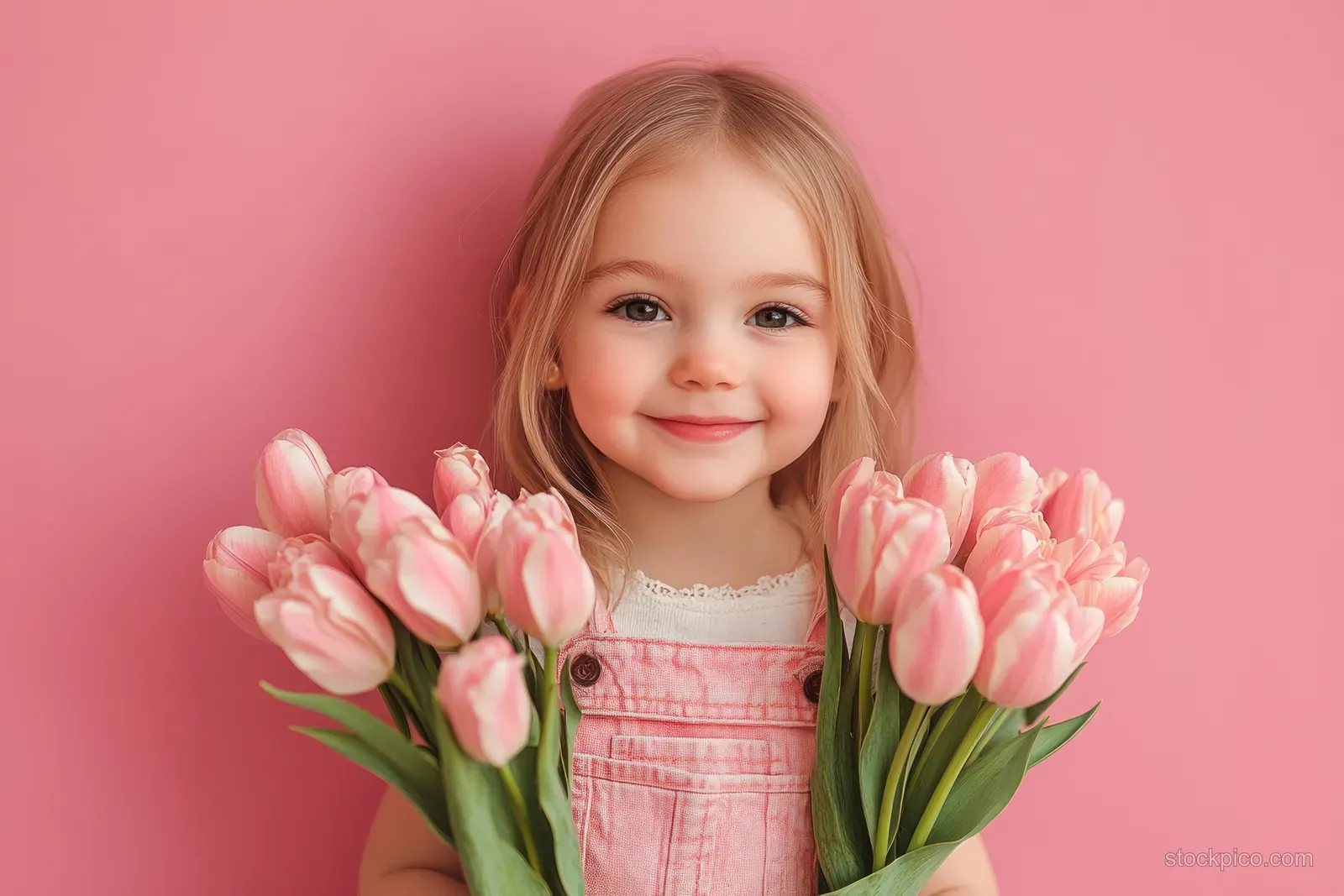 A young girl smiles while holding a bouquet of pink tulips against a pink background.