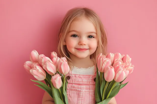 Smiling little girl holding a bouquet of pink tulips against a pink backdrop