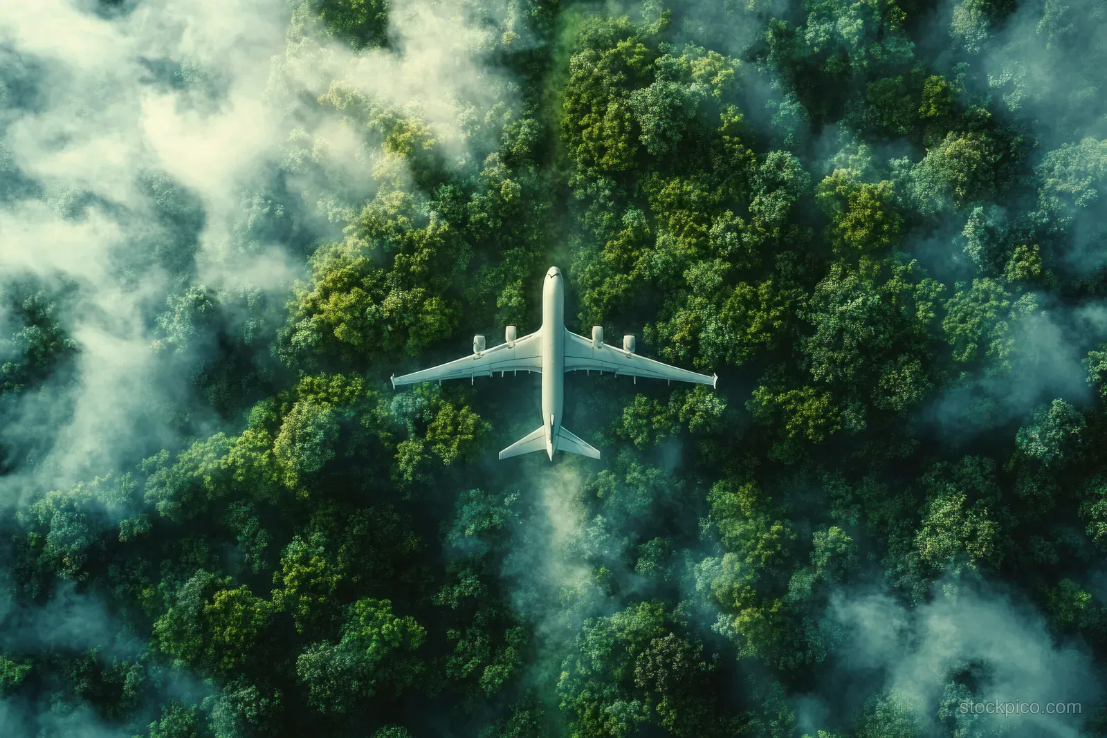 A jetliner flies low over a misty dense green forest with fog drifting between treetops.