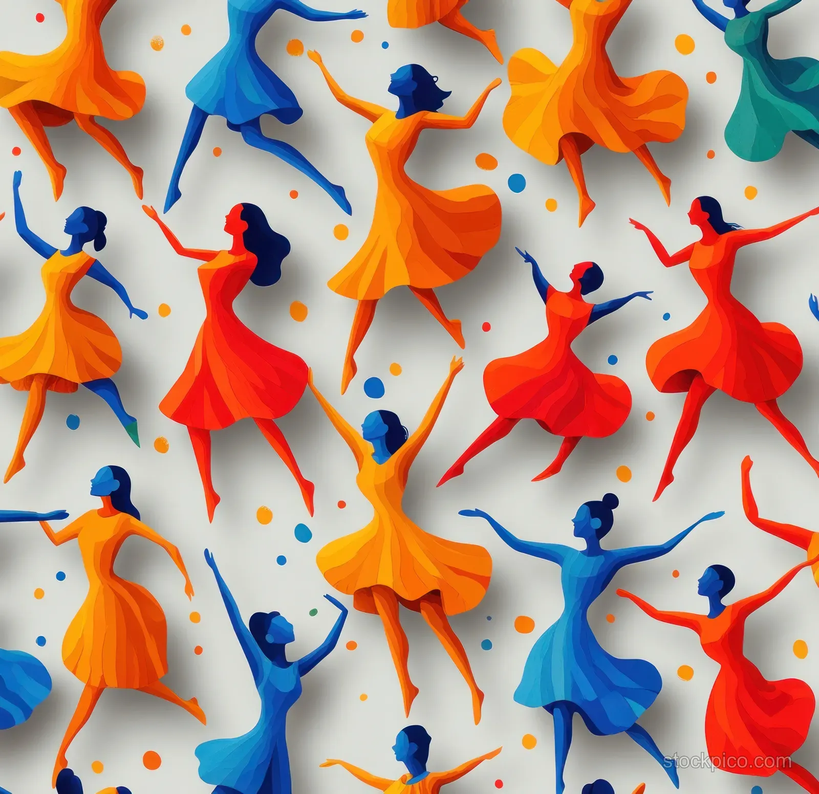 Colorful seamless pattern shows diverse women dancing with flowing dresses and confetti dots across the background.