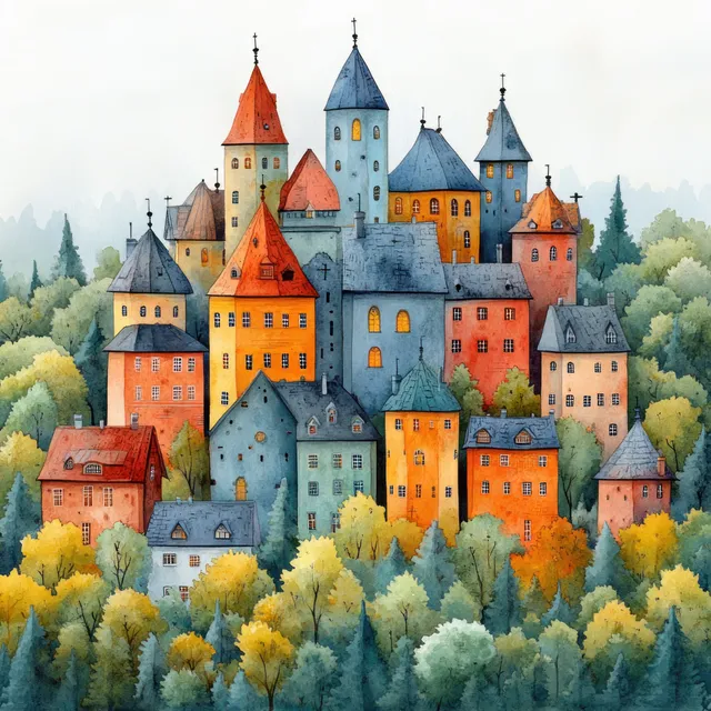 Watercolor illustration of a medieval castle with tall towers, red and blue roofs, and trees surrounding the fortress.