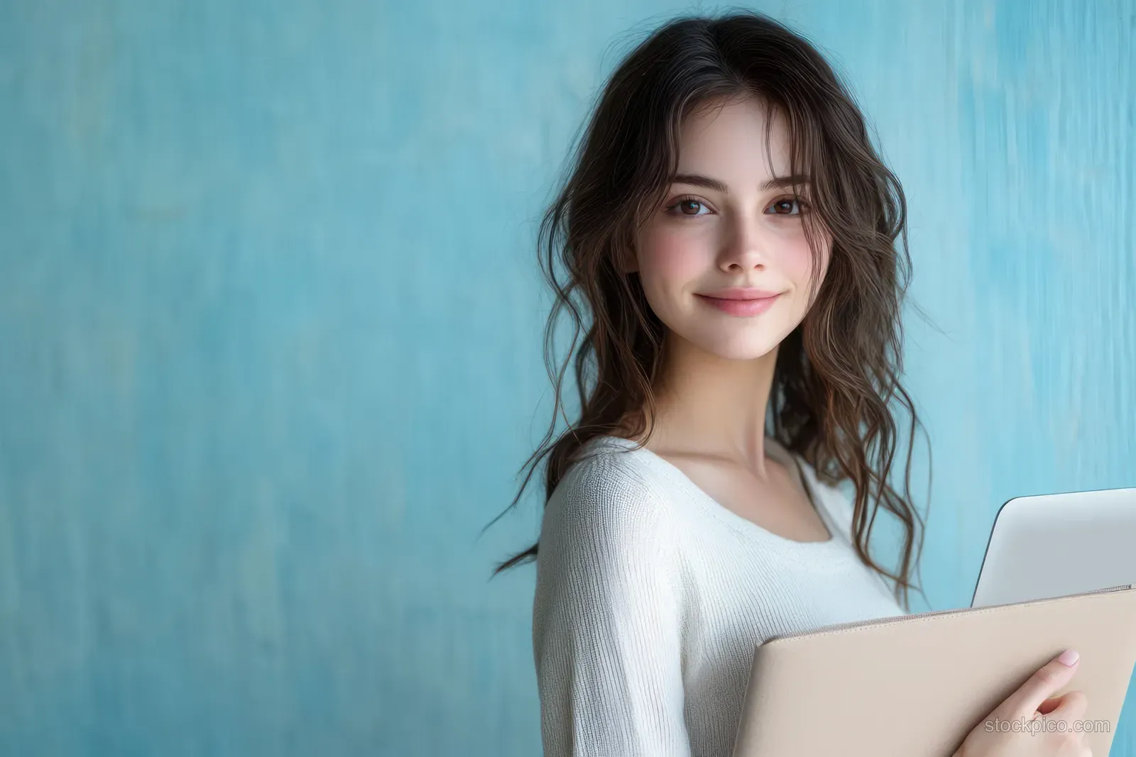 Young woman holding an open laptop in a waist-up portrait against a pastel blue wall.