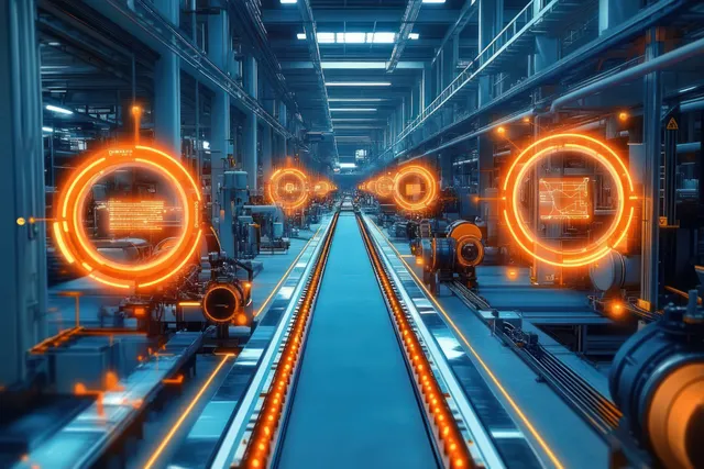 Symmetrical factory conveyor line with glowing orange holographic control interfaces