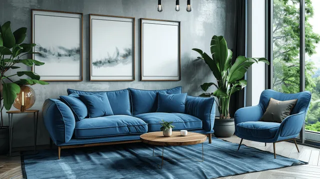 Blue sofa and wooden coffee table sit in a Scandinavian living room beside a sunlit window and tall potted plants.