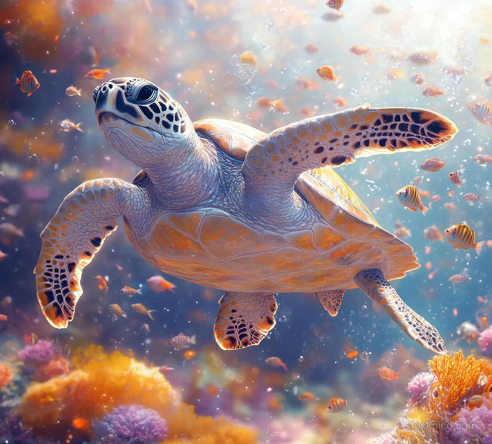 Sea turtle swimming underwater amid colorful fish and glowing coral in a sunlit watercolor scene.