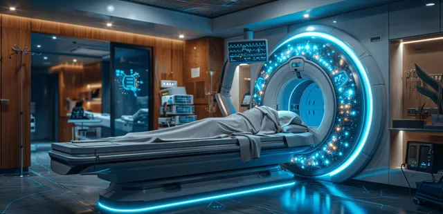 Blue MRI scanner in clinical imaging room with hospital corridor lights in background