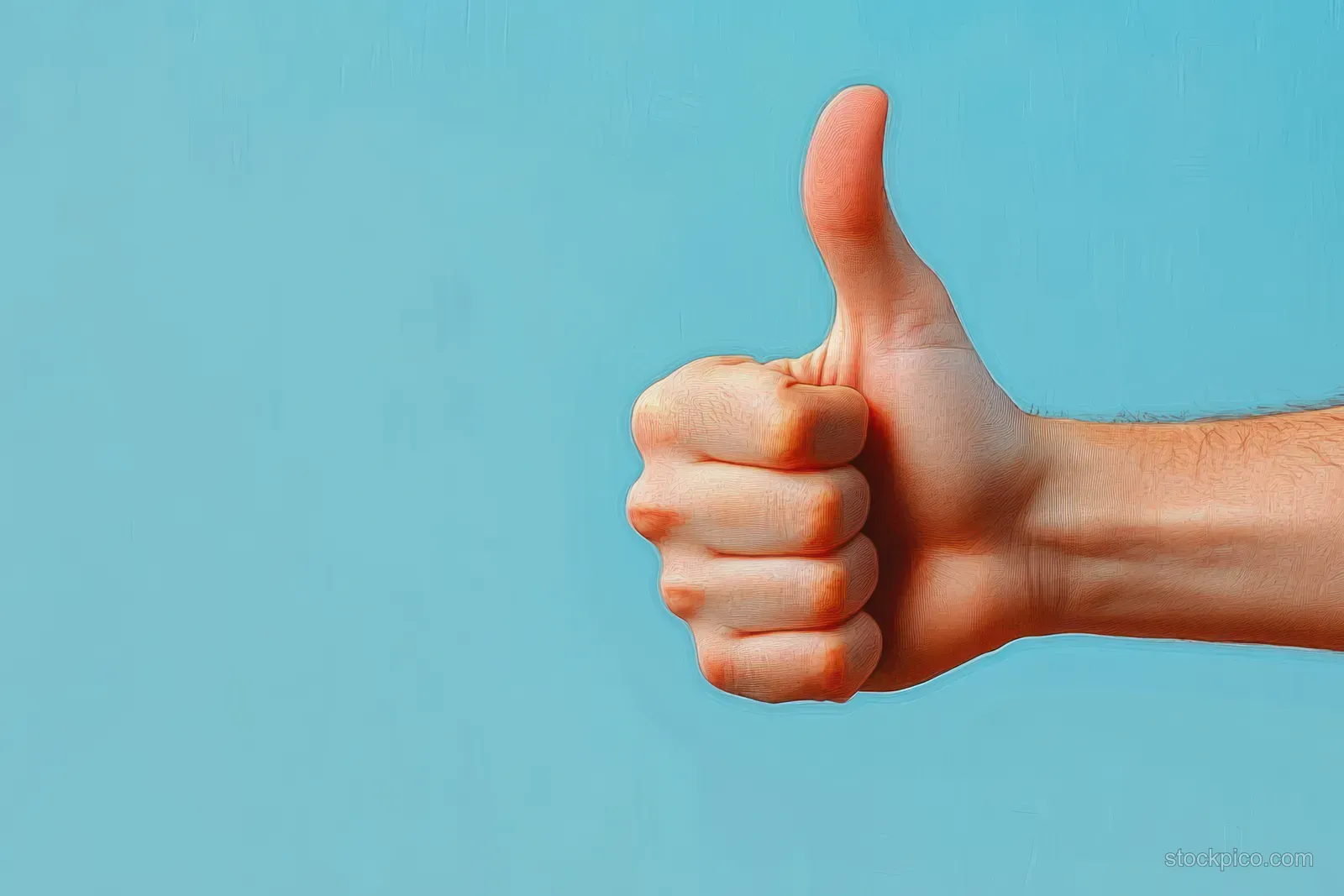 Female hand gives a thumbs-up against a pastel blue minimalist background.