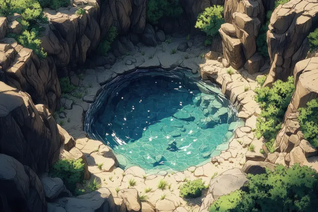 Clear circular oasis pool sits in a rocky desert ravine, surrounded by lush green plants and bright sunlight.