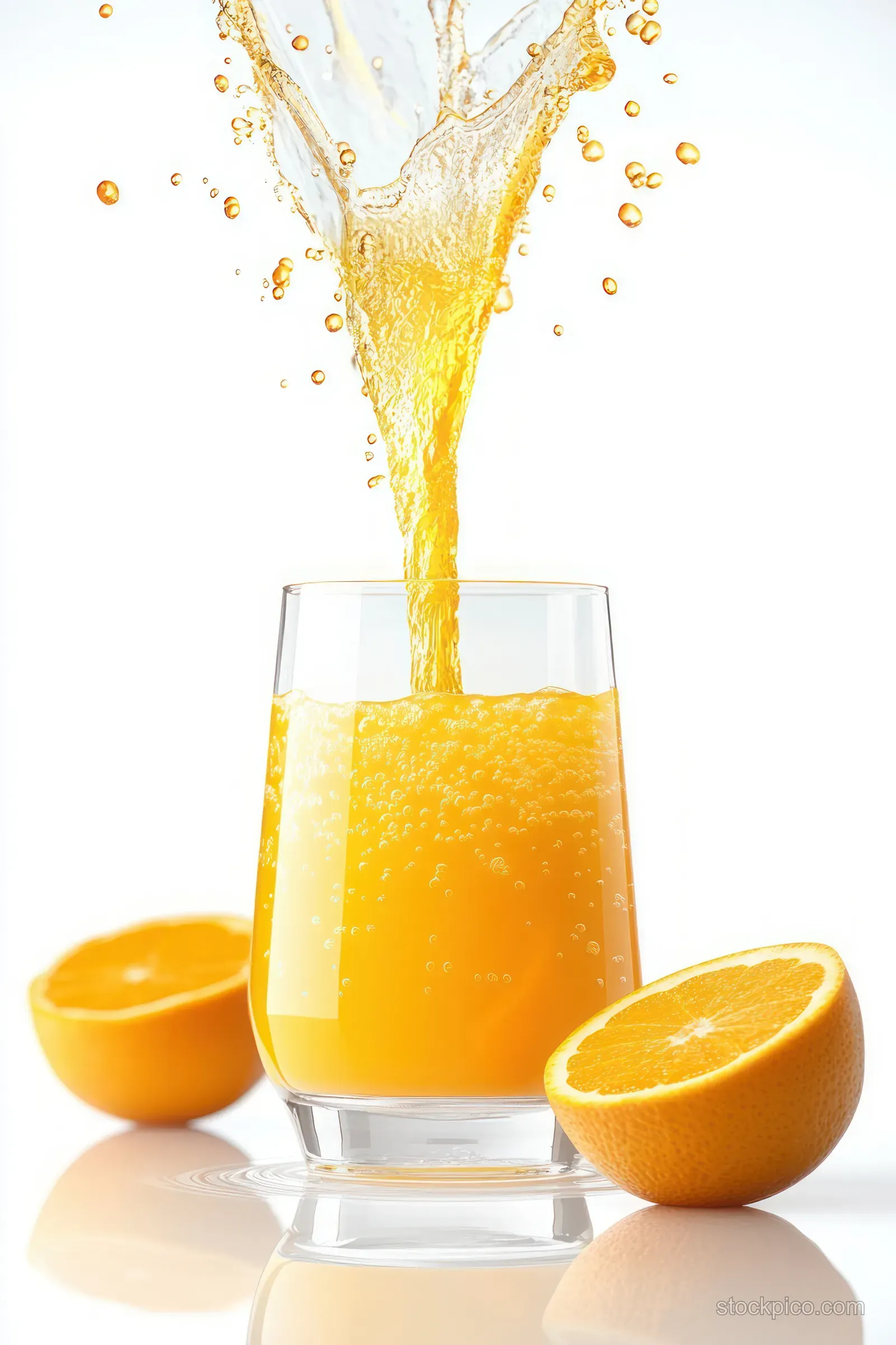 Orange juice pours into a clear glass with splashes and droplets against a pure white background.