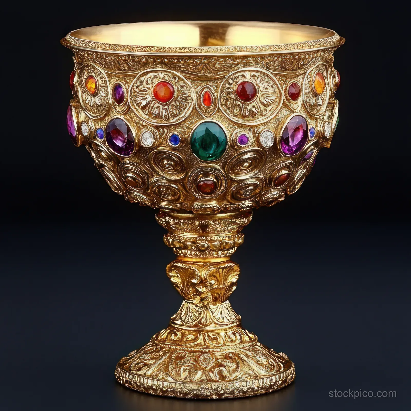 Golden chalice encrusted with colorful gemstones sits on an ornate pedestal with carved baroque detailing.