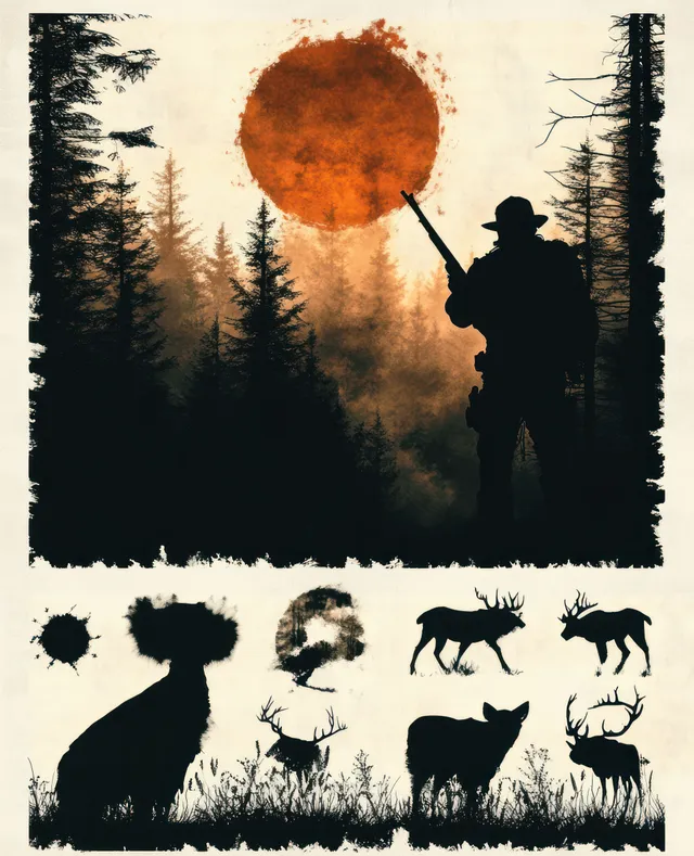 Hunter silhouette aiming through forest light, with wildlife shadow silhouettes below