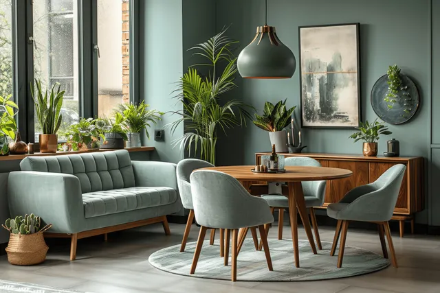 Round wooden dining table in a Scandinavian living room with mint sofa, plants, and sunlight from tall windows.