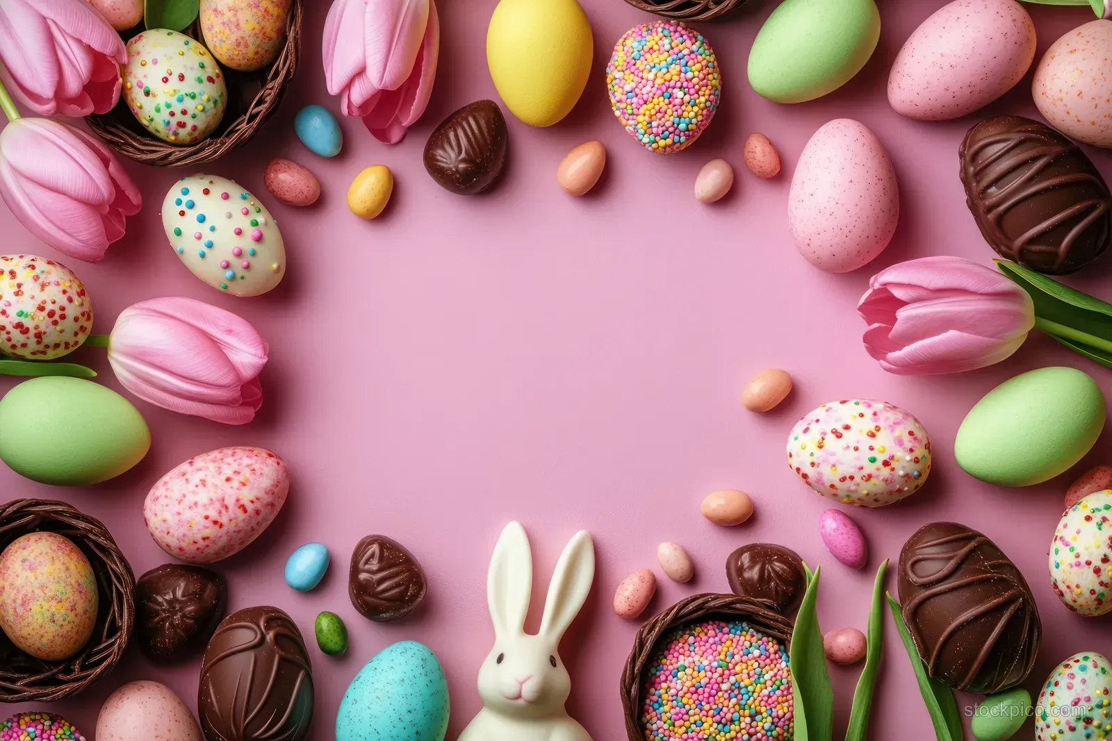Pastel Easter eggs, chocolates, pink tulip petals, and a white bunny figurine arranged in a circle on a pink background.