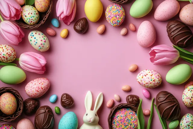 Pastel Easter eggs, chocolates, pink tulip petals, and a white bunny figurine arranged in a circle on a pink background.
