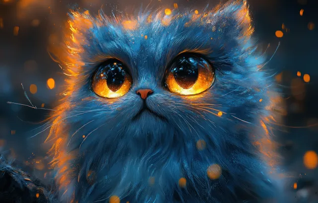 Cute Fluffy Blue and Orange Fantasy Creature with Big Glowing Eyes