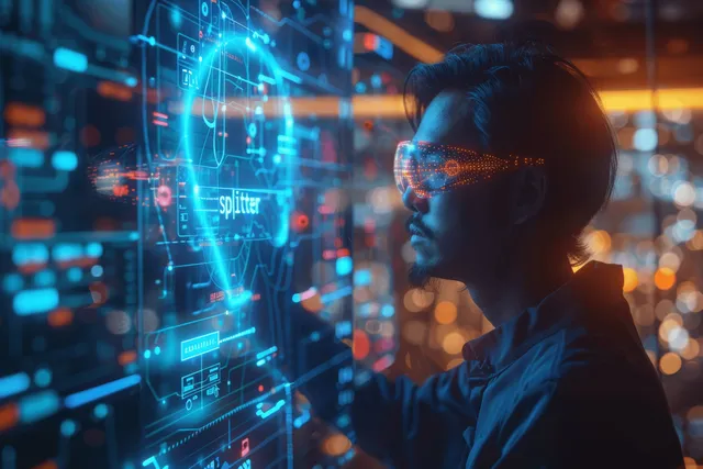 Data scientist reviews AI analytics on transparent holographic dashboards in server room