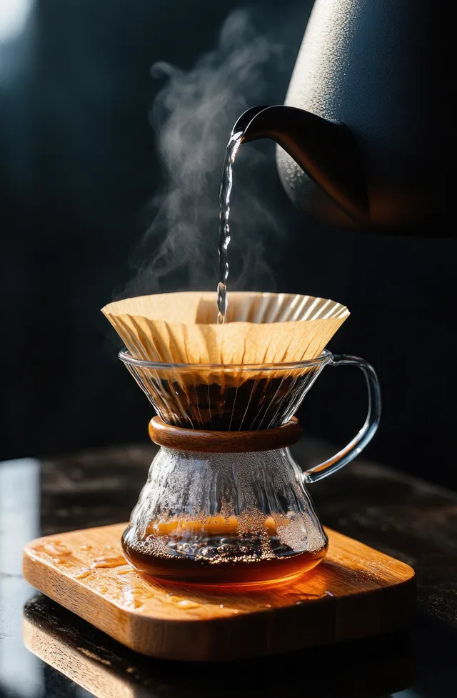 A matte black kettle pours hot water into a paper-filter coffee dripper above a glass carafe.