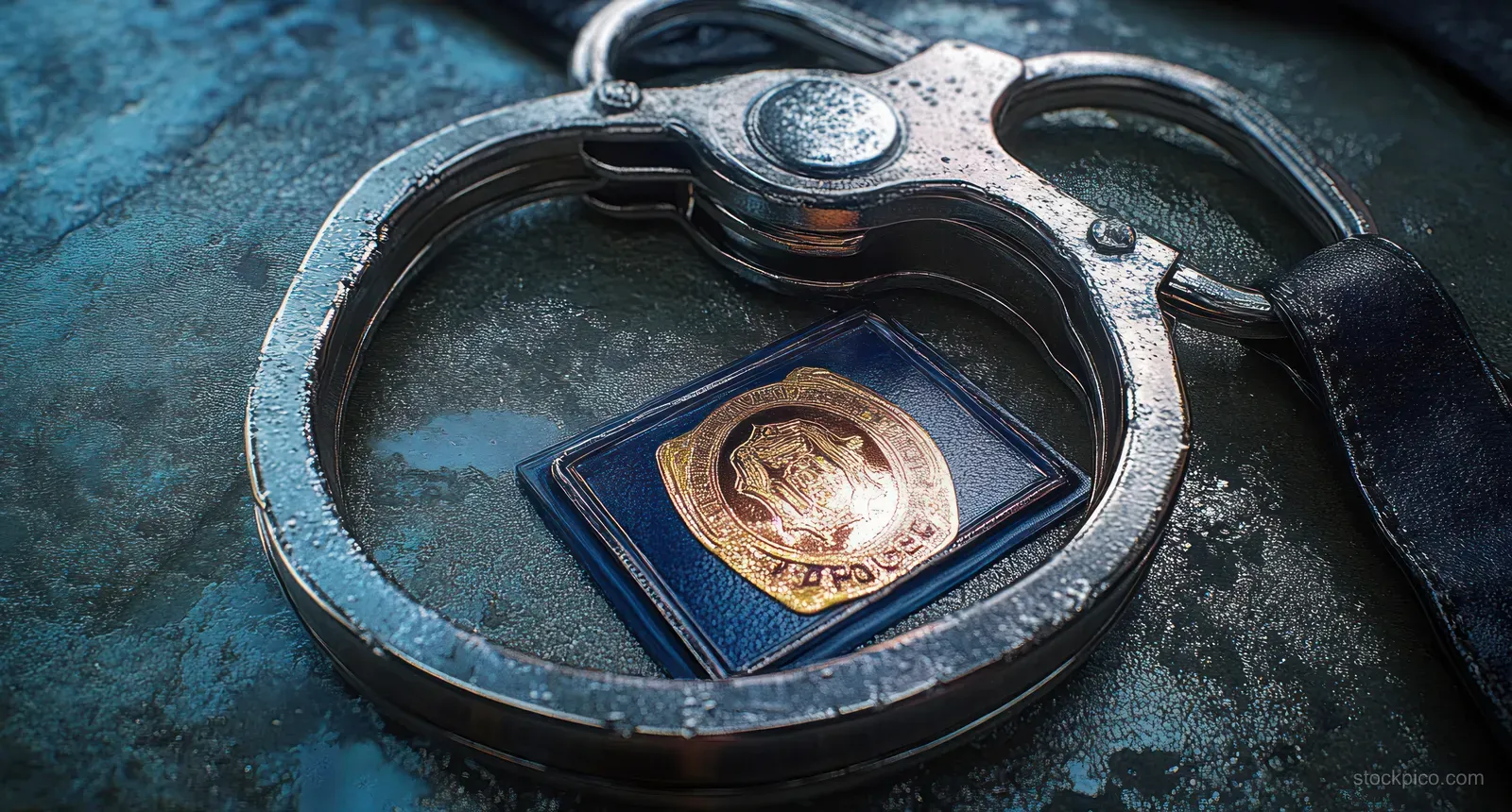 Metal police handcuffs with a leather badge holder resting on a textured surface.