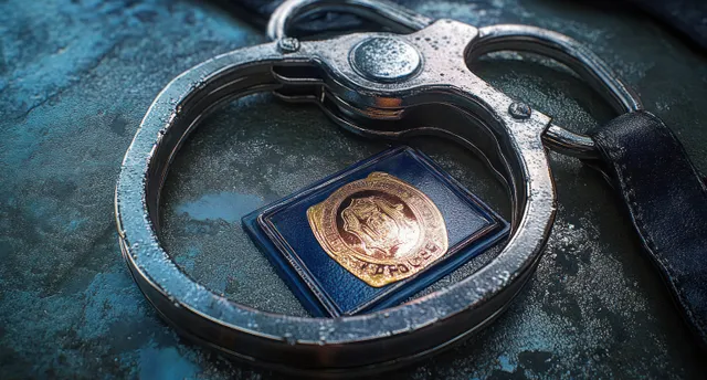 Metal police handcuffs with a leather badge holder resting on a textured surface.