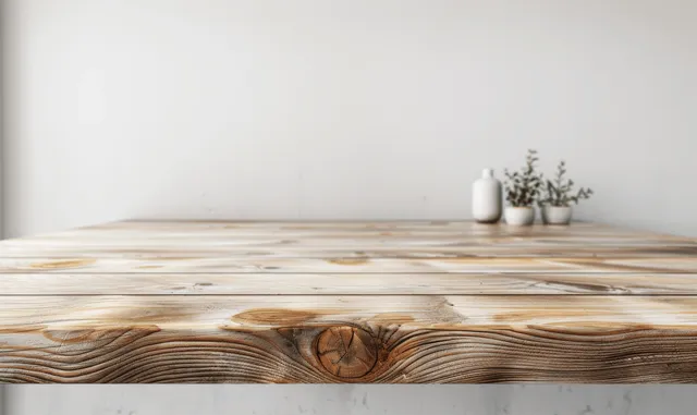 Wooden tabletop against a white wall with small bottle and tiny flowers in the background.