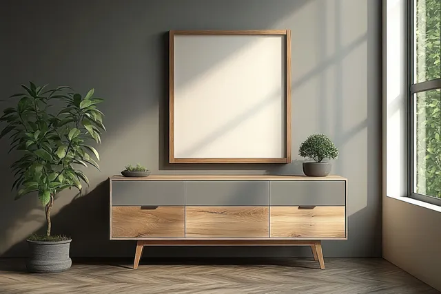 Wooden sideboard with three potted plants under a square frame on a beige wall, lit by sunlight from a window.