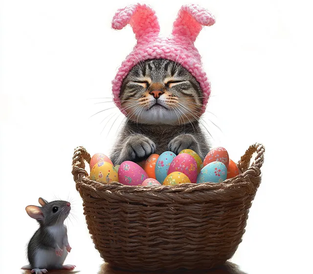 Kitten in pink bunny ears hat sits in wicker basket of decorated Easter eggs