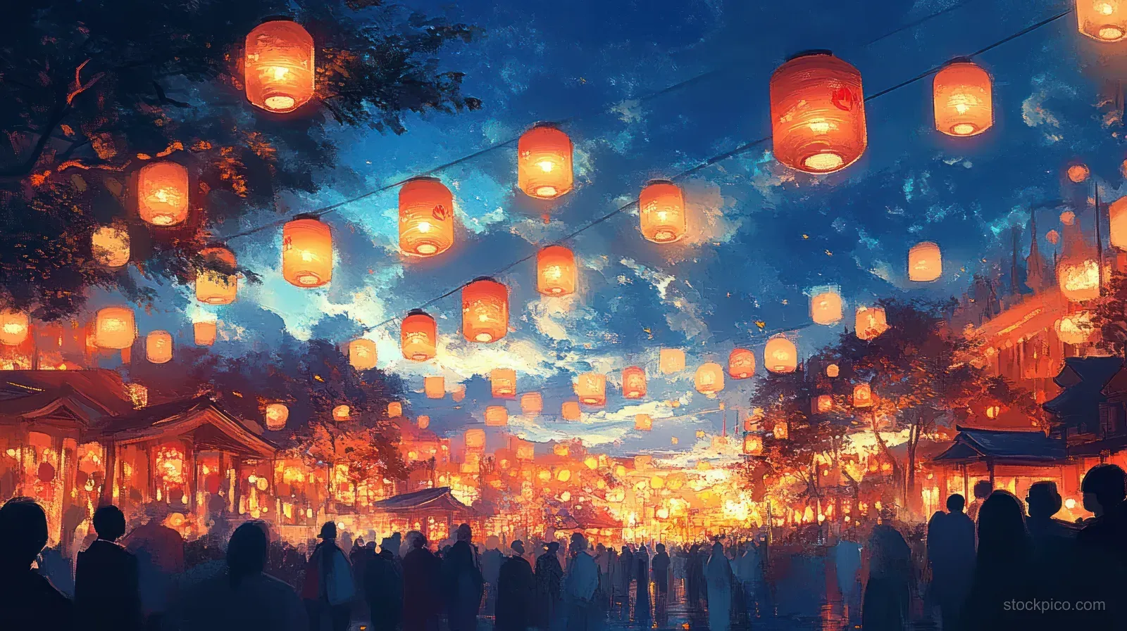 Glowing paper lanterns hang over a crowded Japanese shrine street as fireworks sparkle in the night sky.