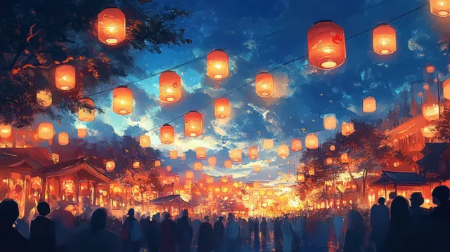 Glowing paper lanterns hang over a crowded Japanese shrine street as fireworks sparkle in the night sky.