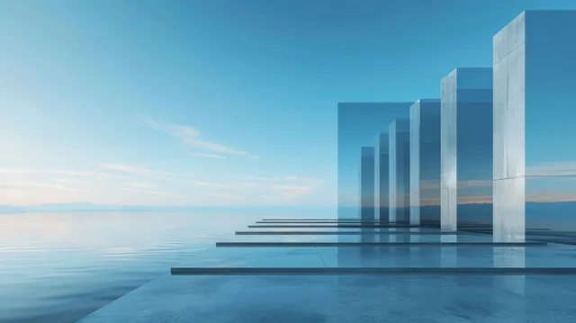 Minimalist modern building facade with concrete floor and glass reflections under a blue sky horizon.