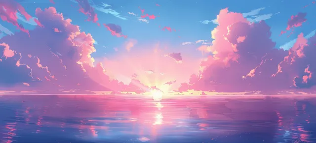 Anime-style sunrise over calm sea, pink and blue clouds reflecting on shimmering horizon