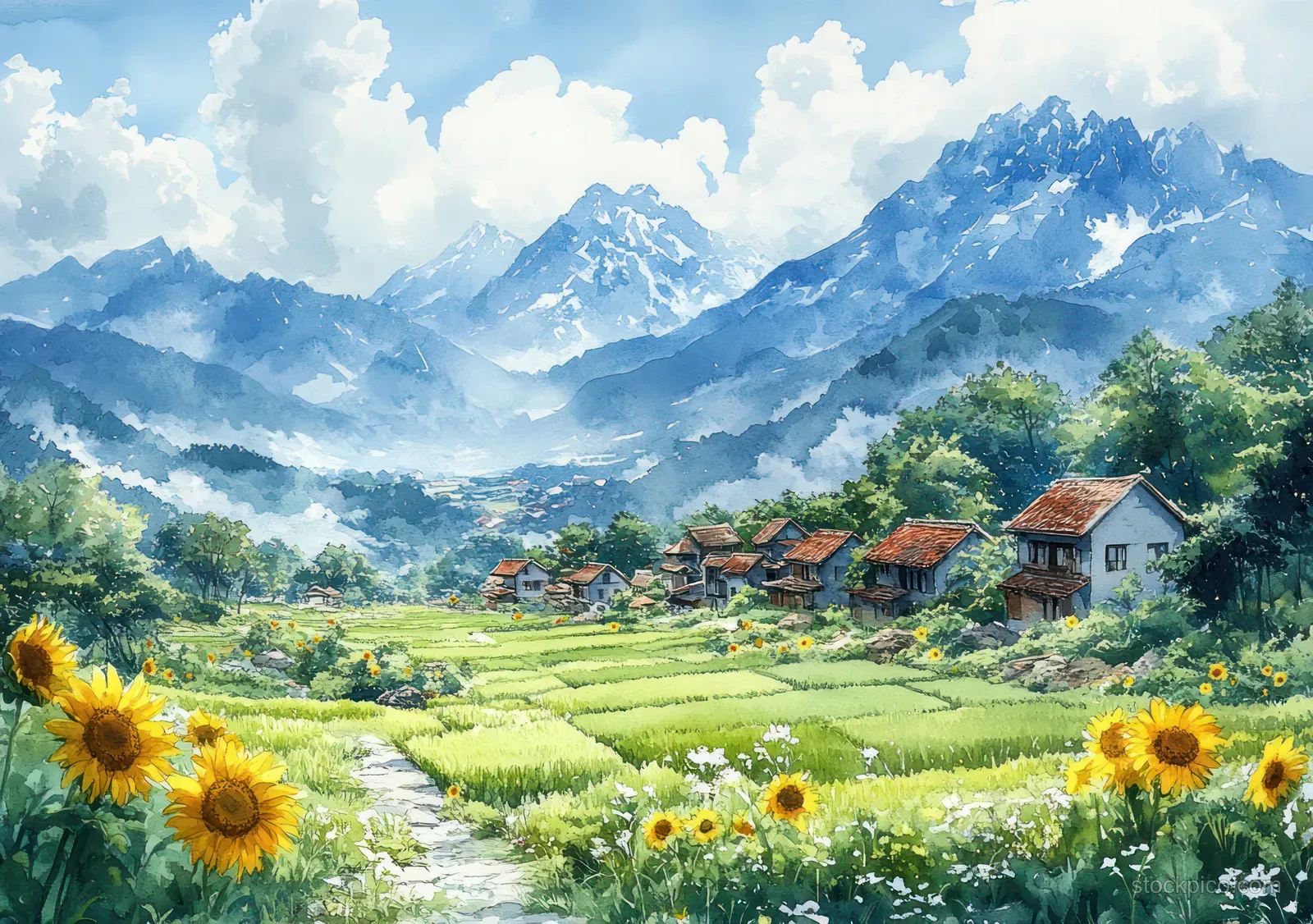 Sunflowers sway in the foreground of a rural village landscape with green fields and blue mountains under summer clouds.