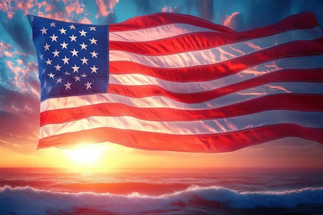 An American flag waves over ocean waves beneath a red-orange sunset sky.