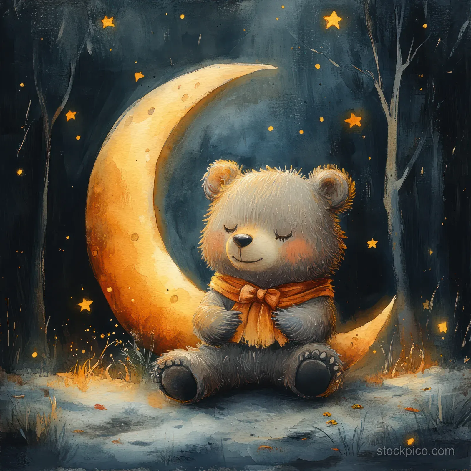 Cartoon bear sitting beside a crescent moon with glowing stars in a watercolor night landscape.