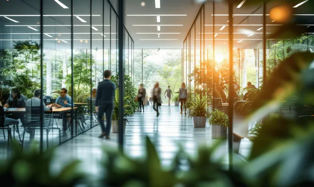 Blurred business professionals walking through glass-walled modern office lobby with sunlit plants