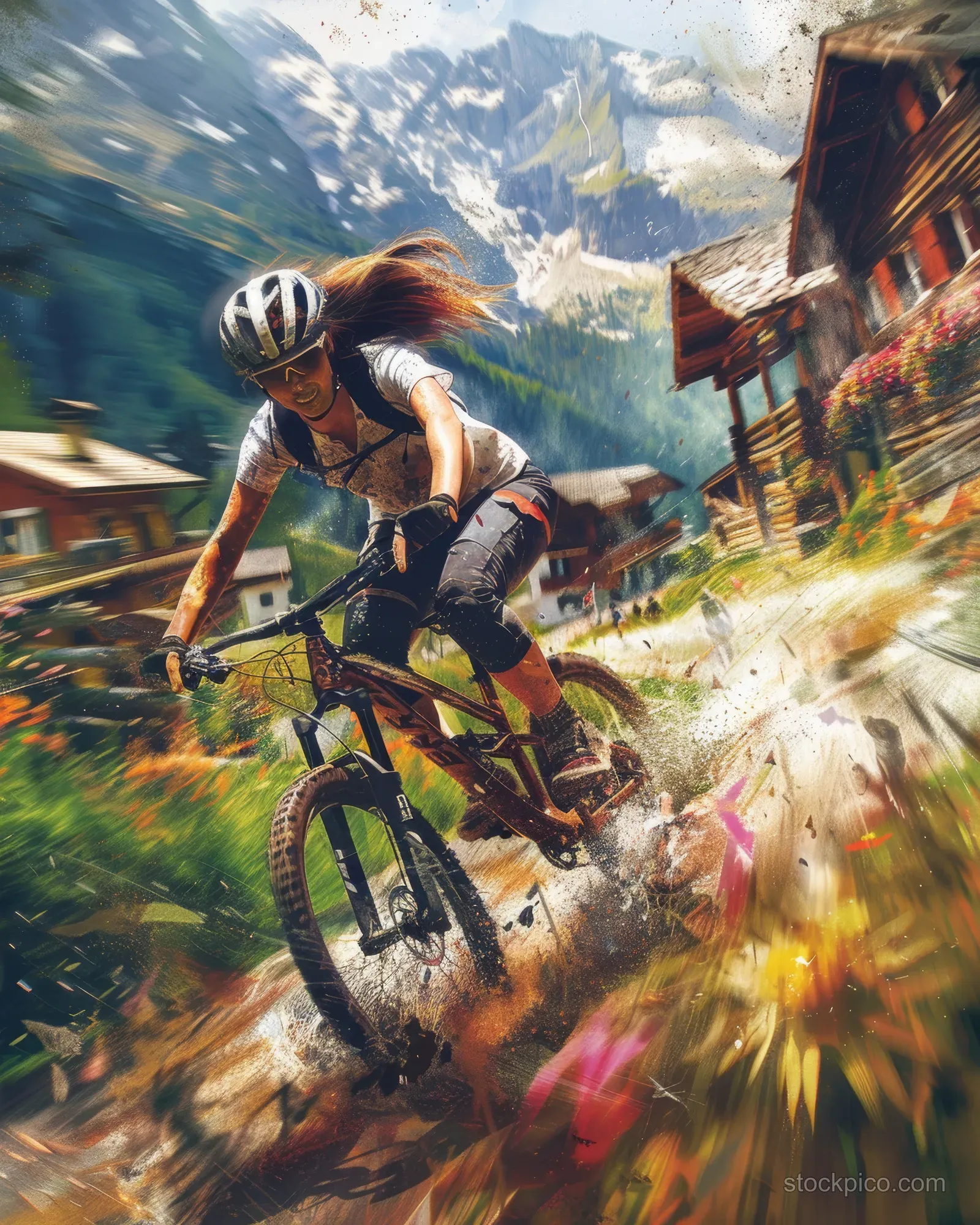 A mountain biker speeds downhill on a rocky trail beside Swiss wooden chalets with motion blur and dust.