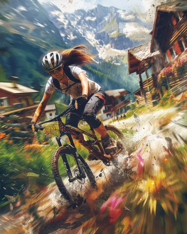 Mountain biker flying down a rocky trail above Swiss chalets with vivid motion blur